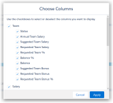 Screenshot showing the Choose Columns dialog checkboxes for available columns